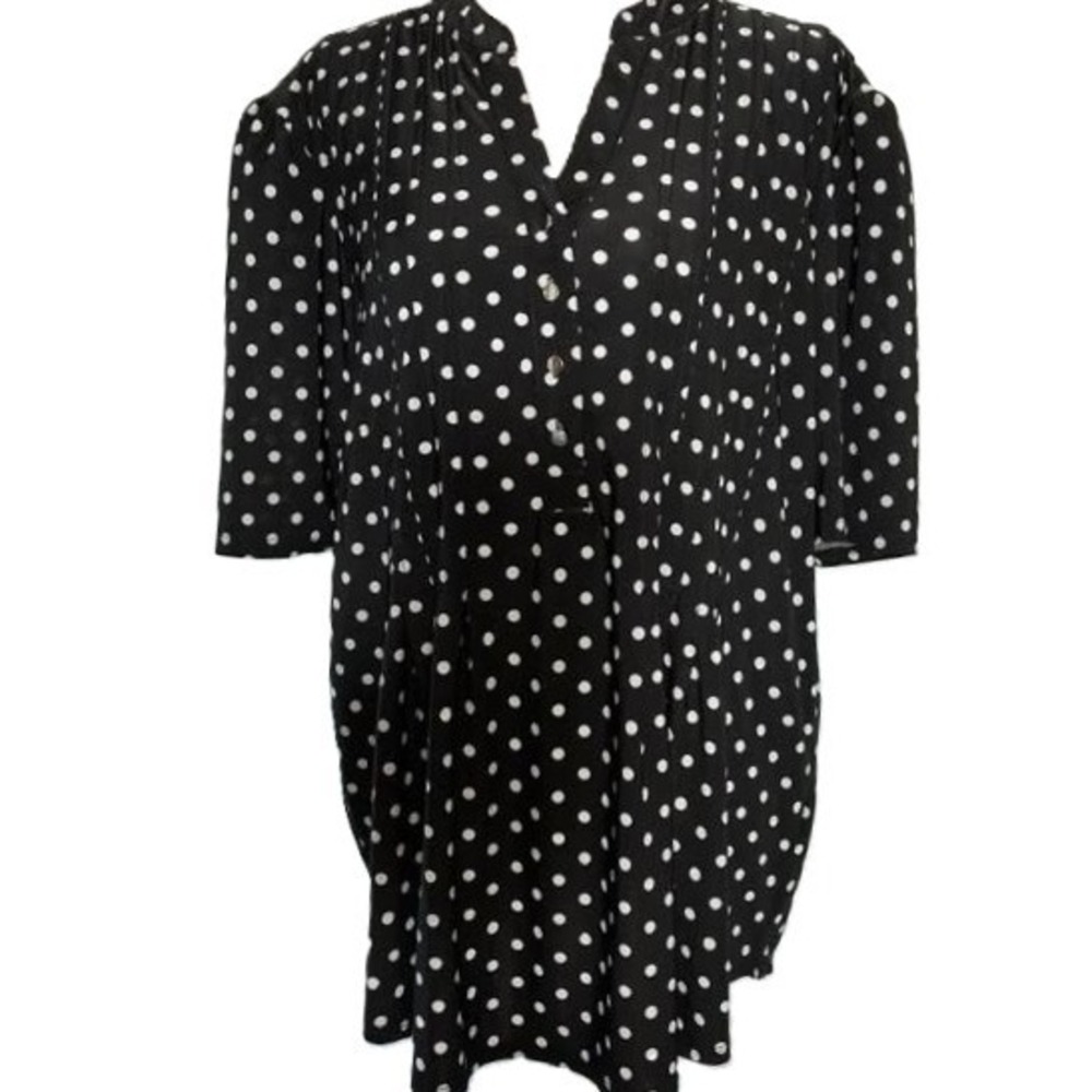 Ava & Grace Polka Dot V-Neck Pleated Button Front Blouse XL Black White Good